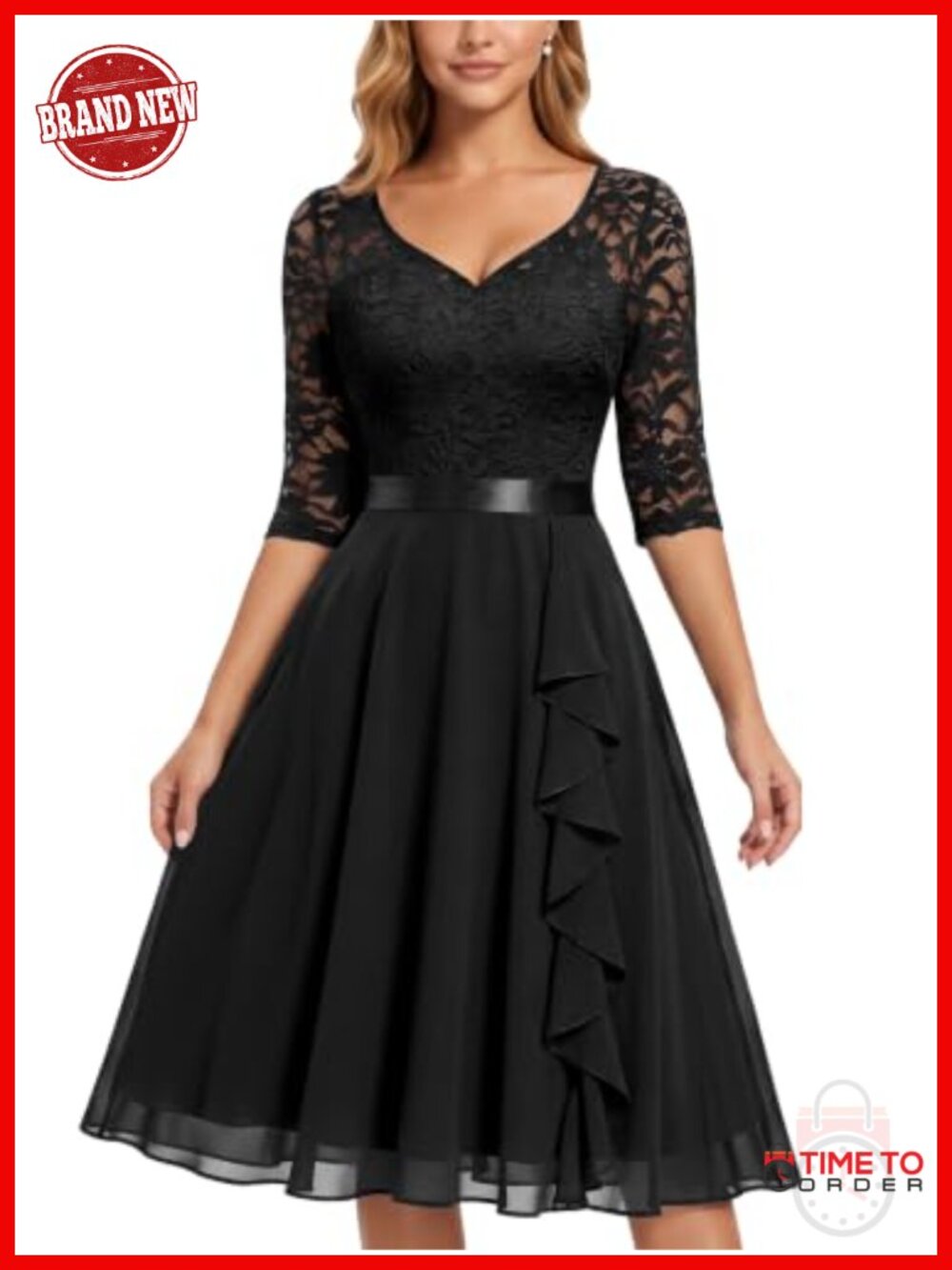 MISSMAY V-Neck Floral Lace Chiffon Bridesmaid Party Dress Half Sleeve